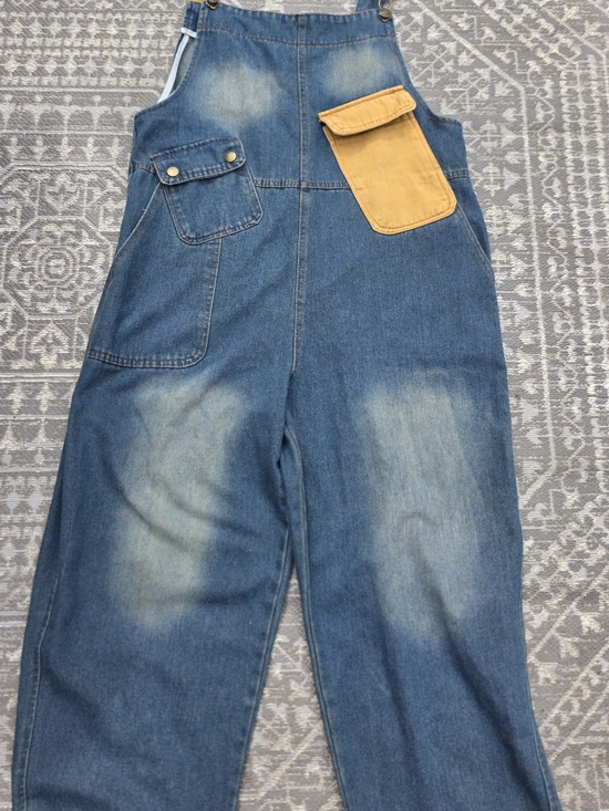 Pants - Retro Contrasting Denim Jumpsuits Women Loose Japanese Style Wide Leg Pants